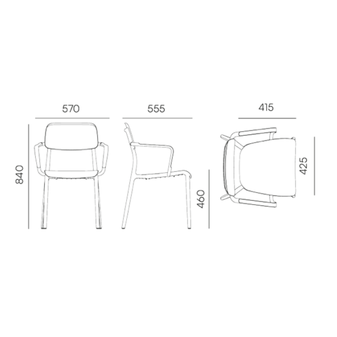 Rimo spisegruppe, borde + stabelstole med armlæn